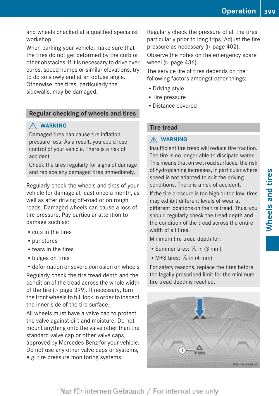 Regular checking of wheels and tires, Tire tread, Wheels and tires | Operation | Mercedes-Benz 2013 M Class User Manual | Page 401 / 460