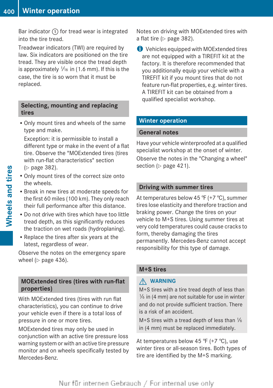 Selecting, mounting and replacing tires, Moextended tires (tires with run-flat properties), Winter operation | General notes, Driving with summer tires, M+s tires, Section, Wheels and tires | Mercedes-Benz 2013 M Class User Manual | Page 402 / 460