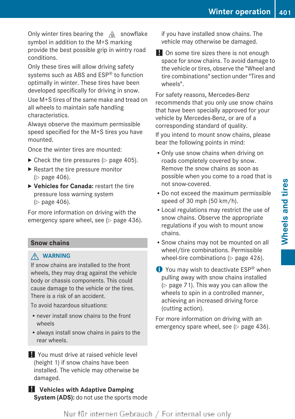 Snow chains, Snow chains, see, Wheels and tires | Winter operation | Mercedes-Benz 2013 M Class User Manual | Page 403 / 460