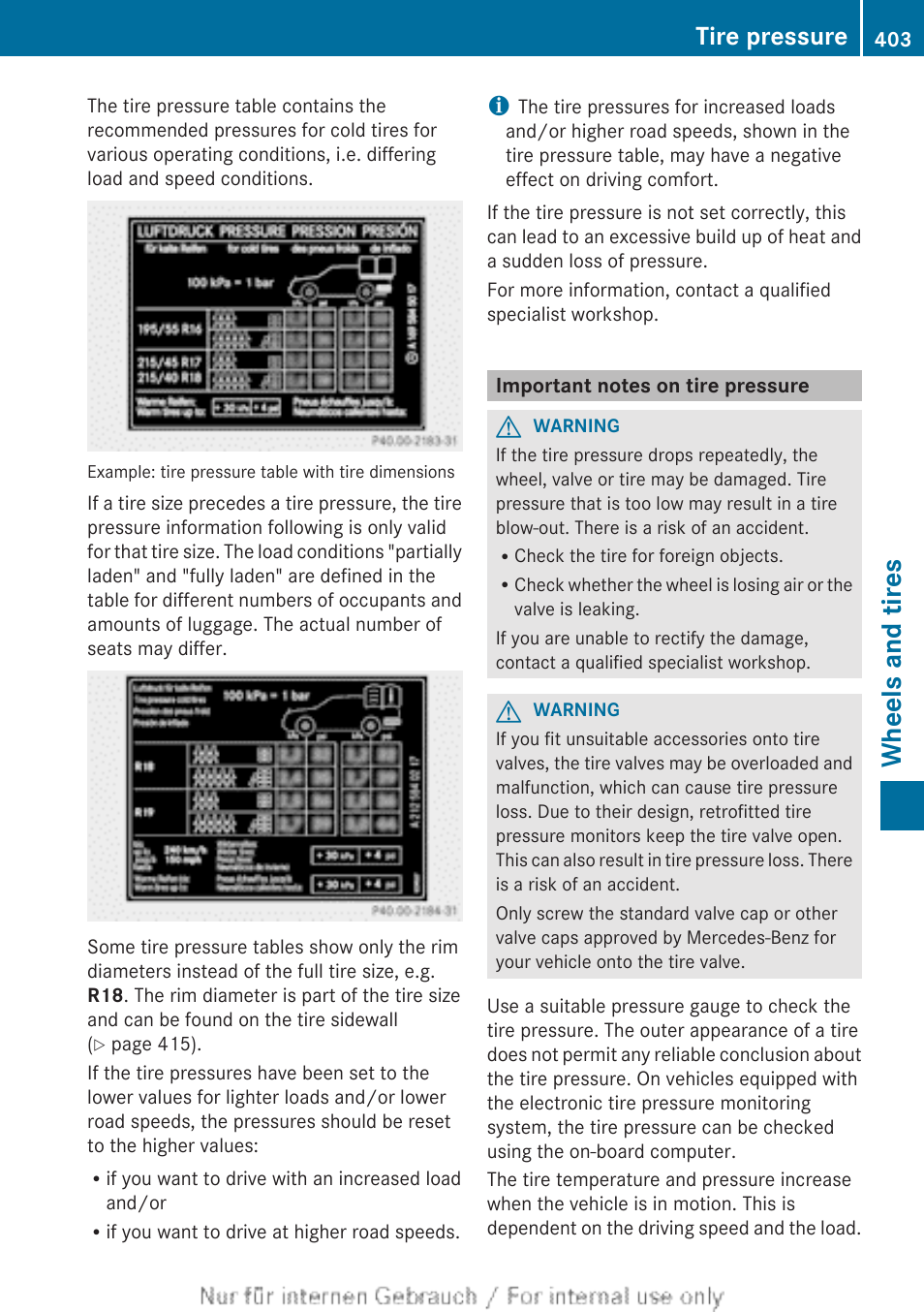 Important notes on tire pressure, Wheels and tires, Tire pressure | Mercedes-Benz 2013 M Class User Manual | Page 405 / 460