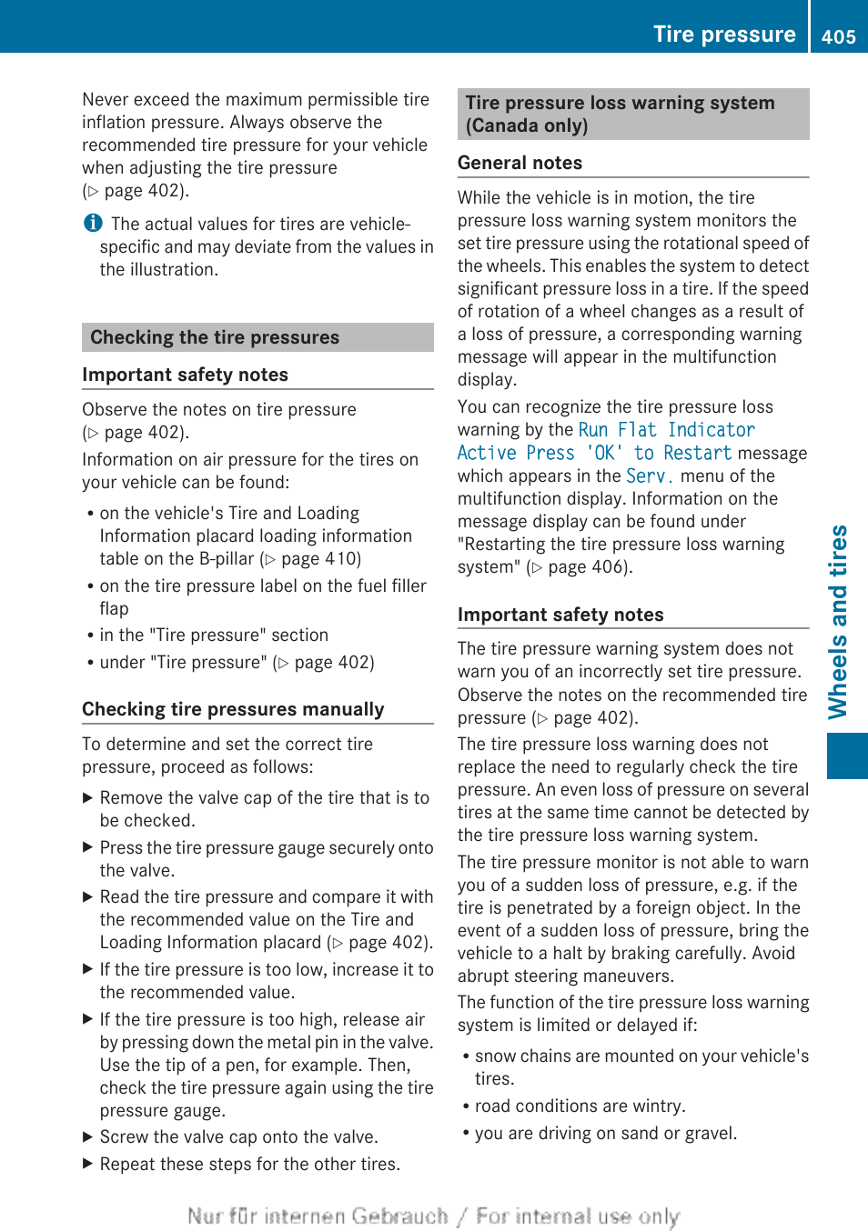 Checking the tire pressures, Tire pressure loss warning system (canada only), Check the tire pressures | Wheels and tires, Tire pressure | Mercedes-Benz 2013 M Class User Manual | Page 407 / 460