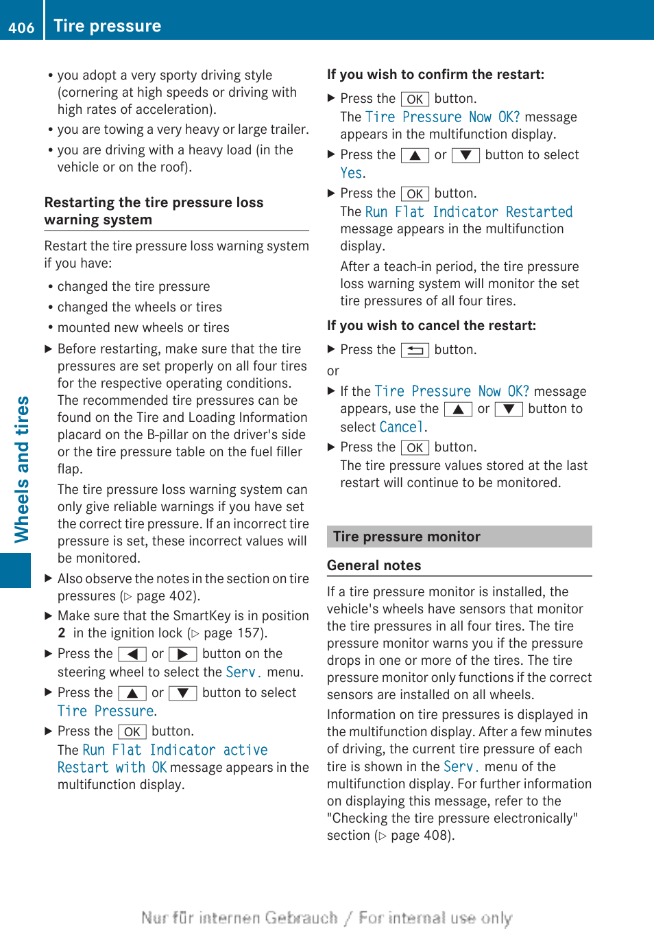 Tire pressure monitor, System, Pressure is correct | Restart the tire pressure loss warning system, Check the tire pressure, Wheels and tires, Tire pressure | Mercedes-Benz 2013 M Class User Manual | Page 408 / 460