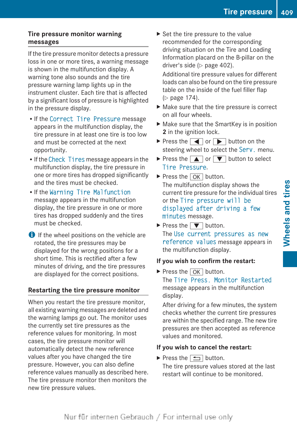 Restart the tire pressure monitor, Cold tires, Wheels and tires | Tire pressure | Mercedes-Benz 2013 M Class User Manual | Page 411 / 460