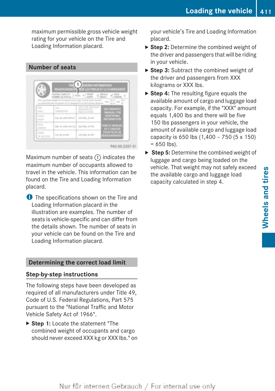 Number of seats, Determining the correct load limit, Wheels and tires | Loading the vehicle | Mercedes-Benz 2013 M Class User Manual | Page 413 / 460