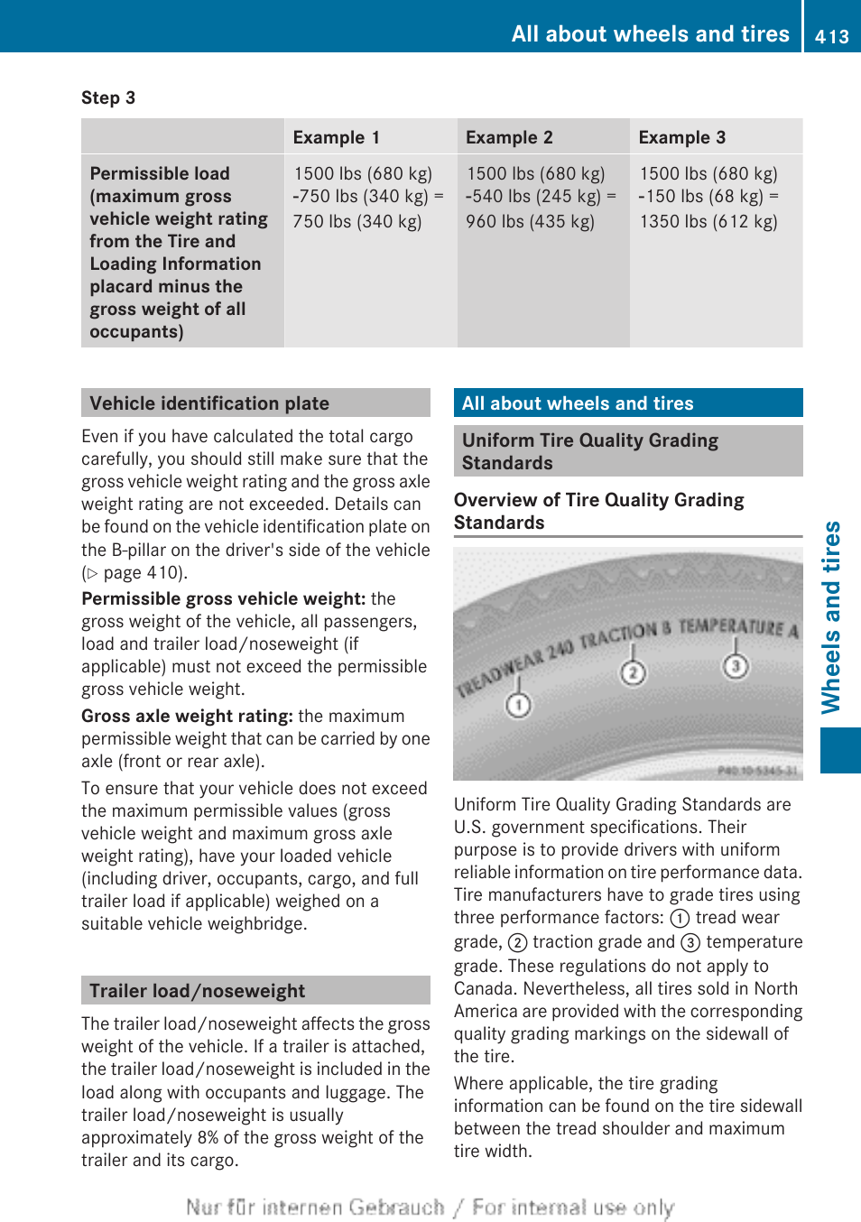 Vehicle identification plate, Trailer load/noseweight, All about wheels and tires | Uniform tire quality grading standards, Wheels and tires | Mercedes-Benz 2013 M Class User Manual | Page 415 / 460