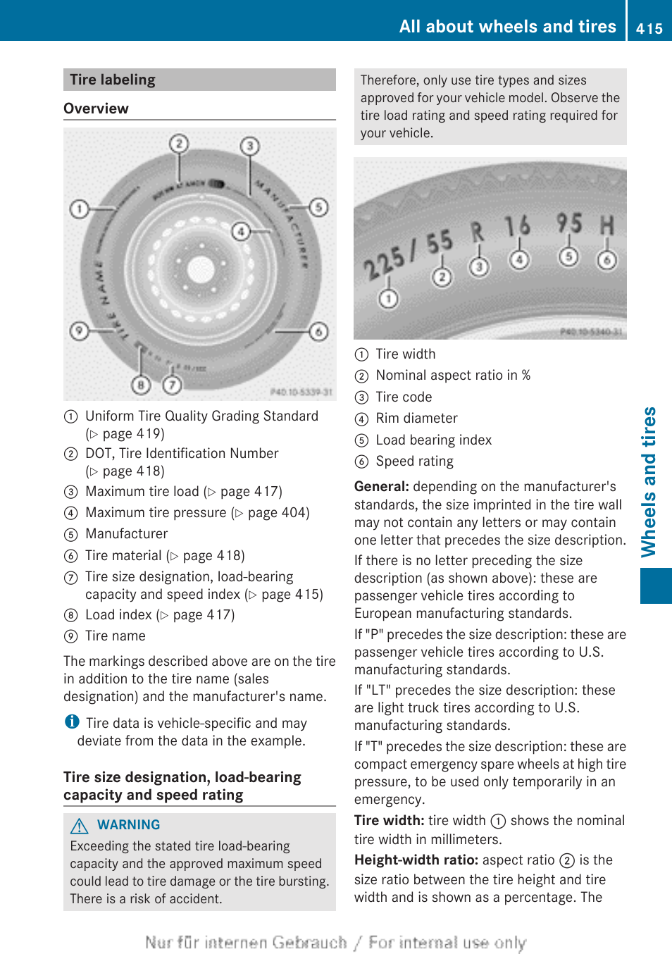 Tire labeling, Wheels and tires, All about wheels and tires | Mercedes-Benz 2013 M Class User Manual | Page 417 / 460