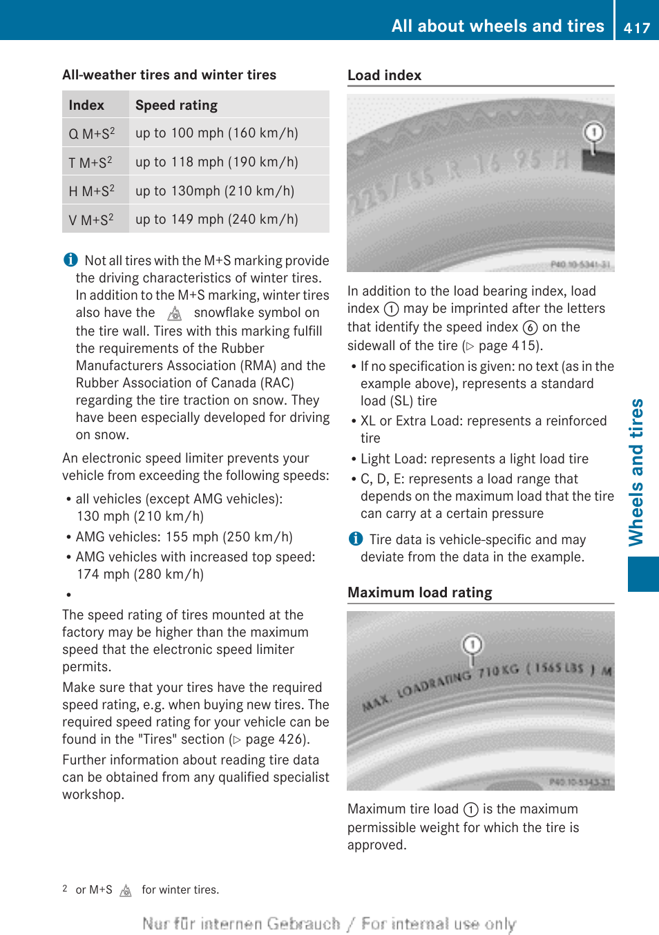 Maximum tire load, Load index, Index, see "load index | Wheels and tires, All about wheels and tires | Mercedes-Benz 2013 M Class User Manual | Page 419 / 460