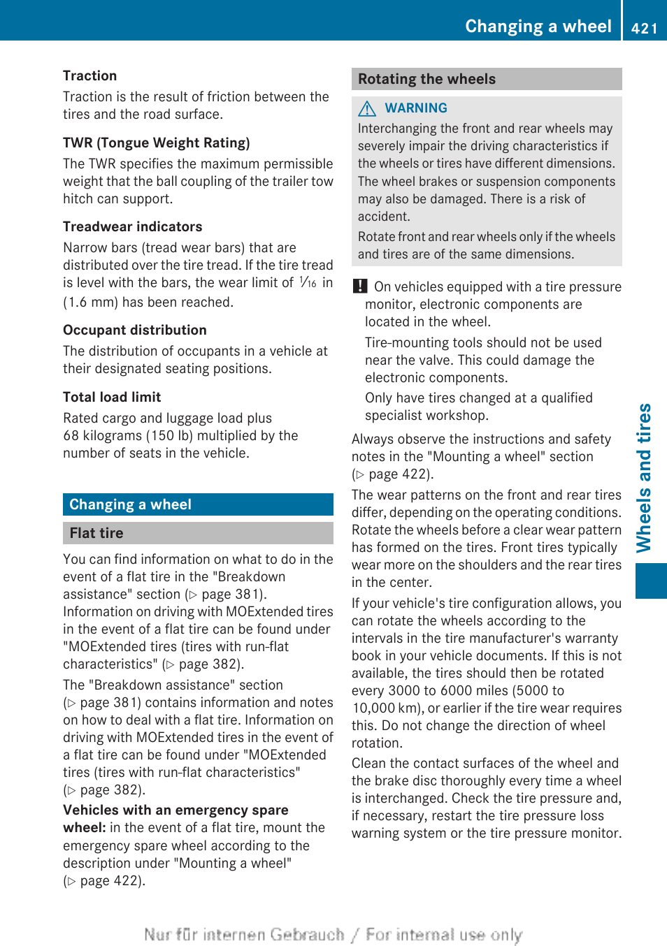 Changing a wheel, Flat tire, Rotating the wheels | Section, Wheels and tires | Mercedes-Benz 2013 M Class User Manual | Page 423 / 460