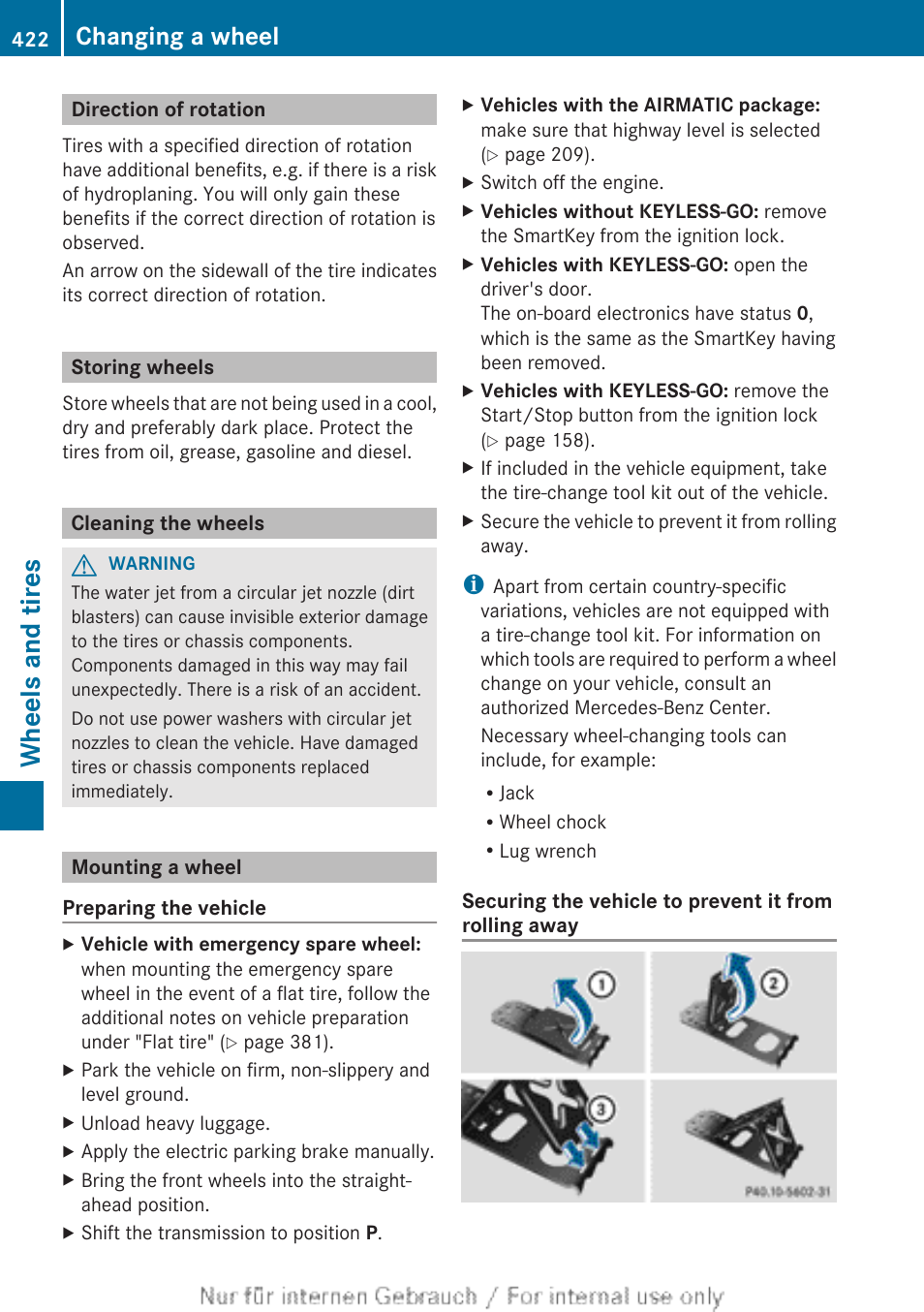 Direction of rotation, Storing wheels, Cleaning the wheels | Mounting a wheel, Wheels and tires, Changing a wheel | Mercedes-Benz 2013 M Class User Manual | Page 424 / 460