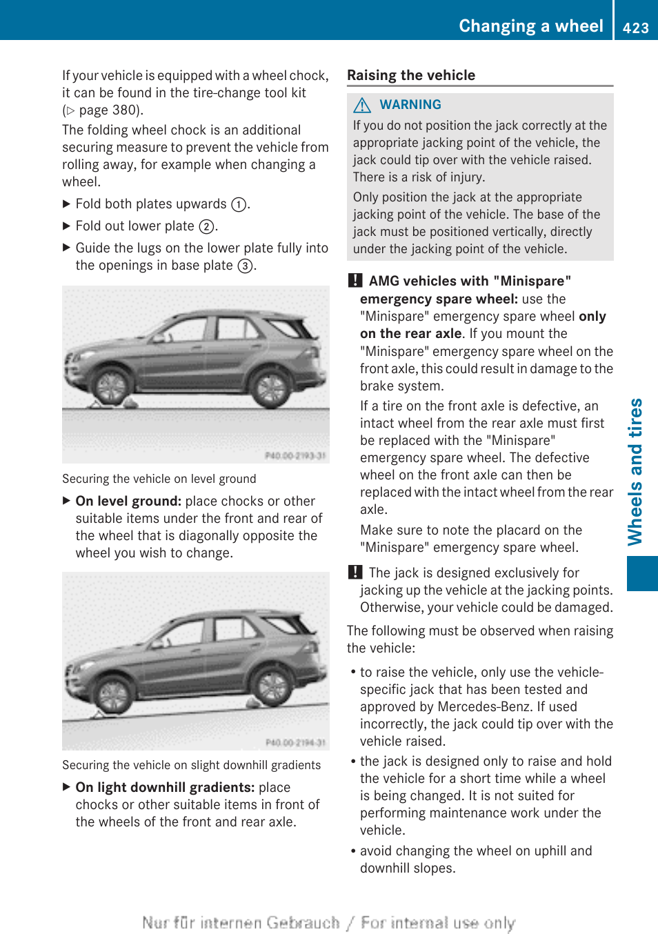 Wheels and tires, Changing a wheel | Mercedes-Benz 2013 M Class User Manual | Page 425 / 460