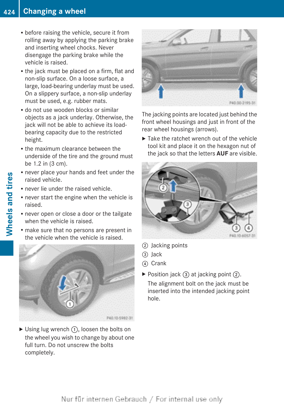 Wheels and tires, Changing a wheel | Mercedes-Benz 2013 M Class User Manual | Page 426 / 460