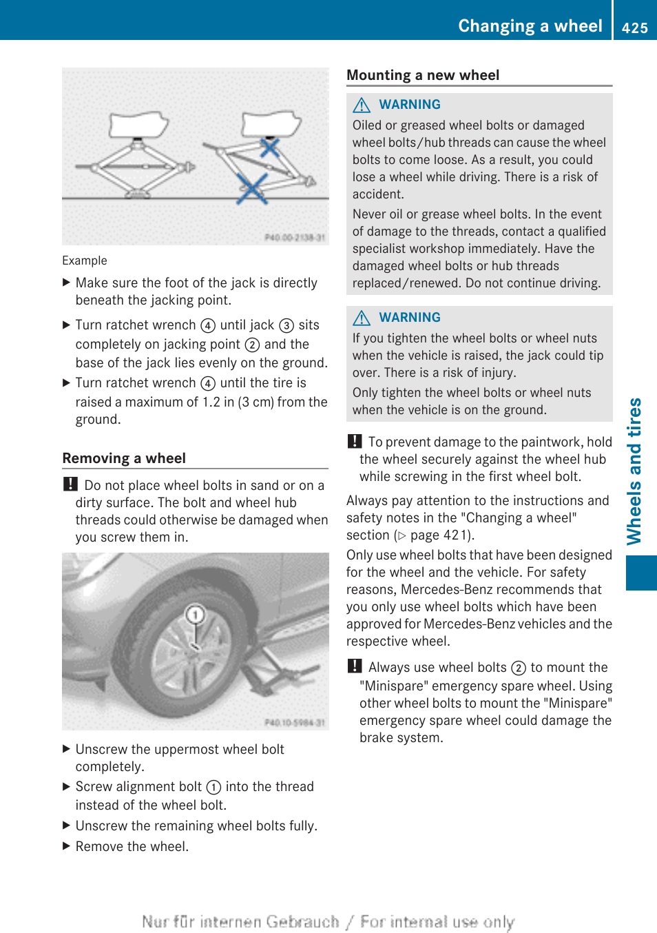 Wheels and tires, Changing a wheel | Mercedes-Benz 2013 M Class User Manual | Page 427 / 460