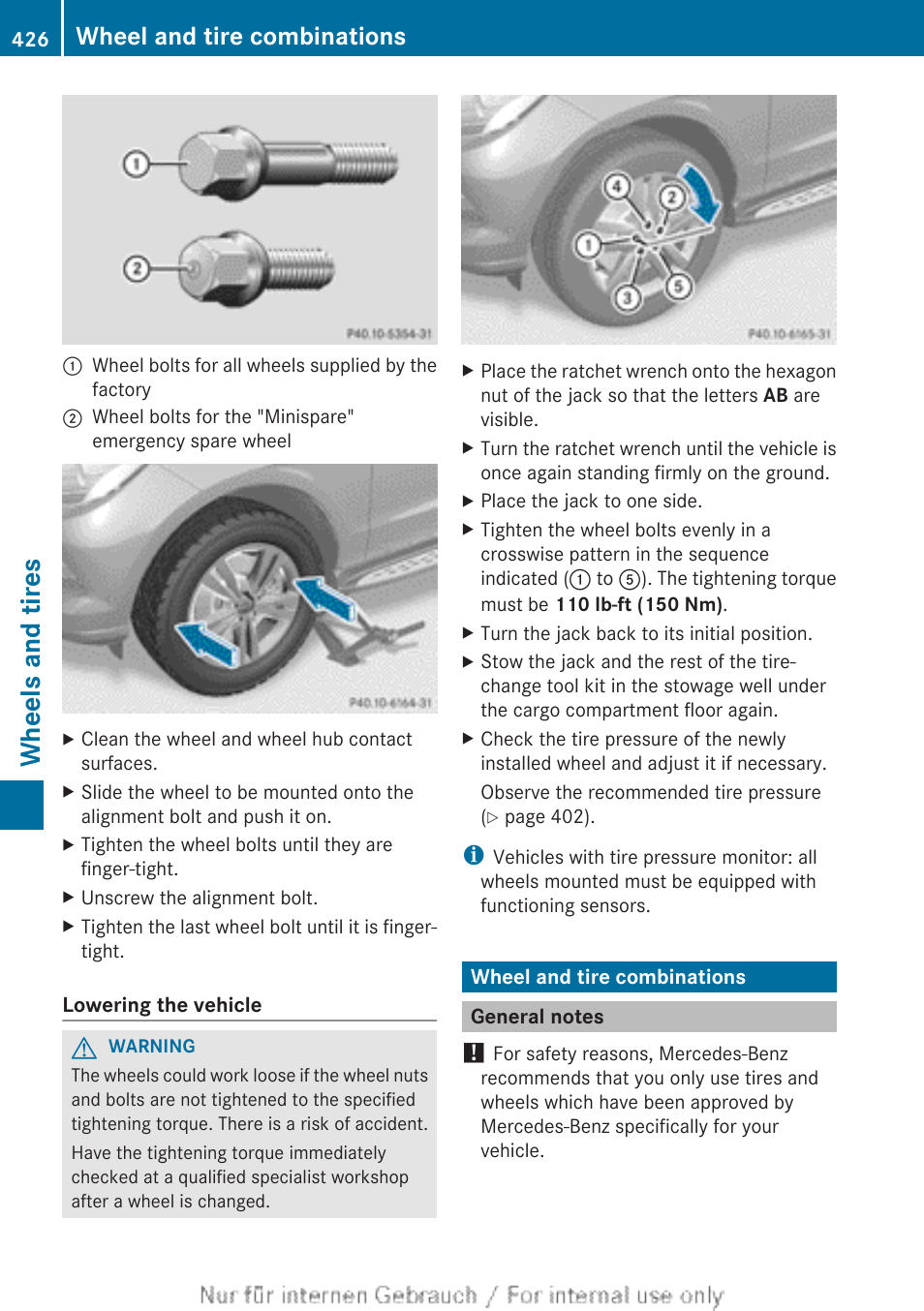 Wheel and tire combinations, General notes, Wheel-tire combinations | Found in the "tires" section, Wheels and tires | Mercedes-Benz 2013 M Class User Manual | Page 428 / 460