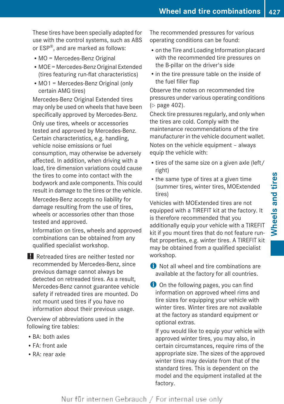 Wheels and tires, Wheel and tire combinations | Mercedes-Benz 2013 M Class User Manual | Page 429 / 460