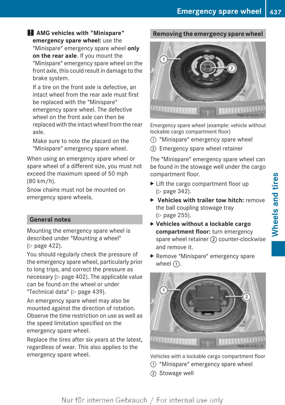 General notes, Removing the emergency spare wheel, Wheels and tires | Emergency spare wheel | Mercedes-Benz 2013 M Class User Manual | Page 439 / 460