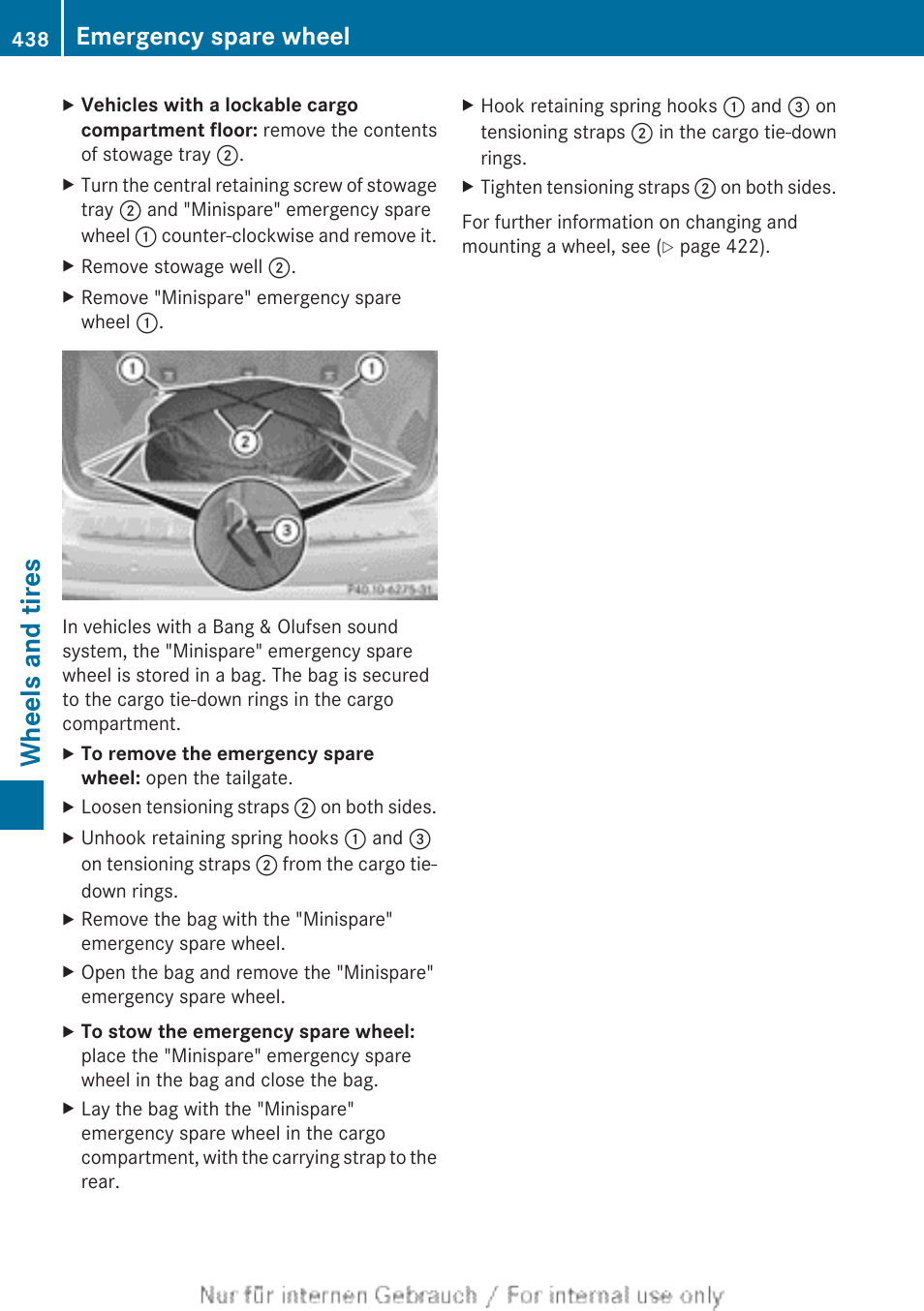 Wheels and tires, Emergency spare wheel | Mercedes-Benz 2013 M Class User Manual | Page 440 / 460