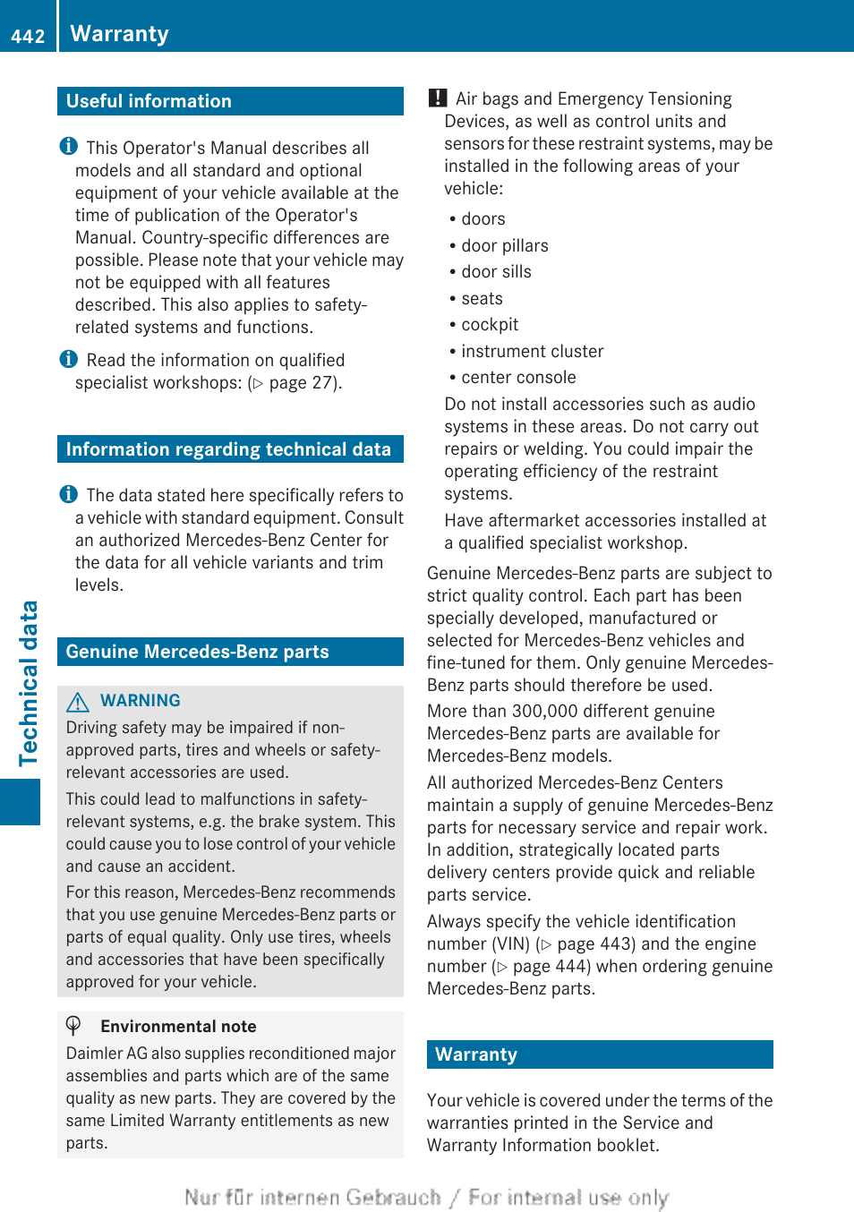 Technical data, Useful information, Information regarding technical data | Genuine mercedes-benz parts, Warranty, Useful information information regarding technical, Data genuine mercedes-benz parts warranty | Mercedes-Benz 2013 M Class User Manual | Page 444 / 460