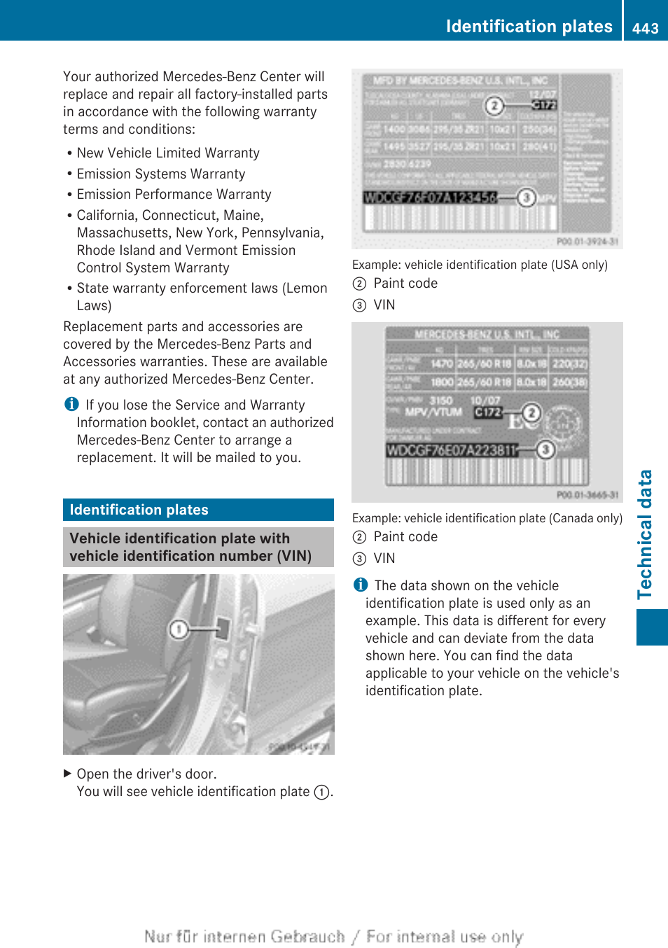 Identification plates, Identification plate, Number (vin) | Technical data | Mercedes-Benz 2013 M Class User Manual | Page 445 / 460