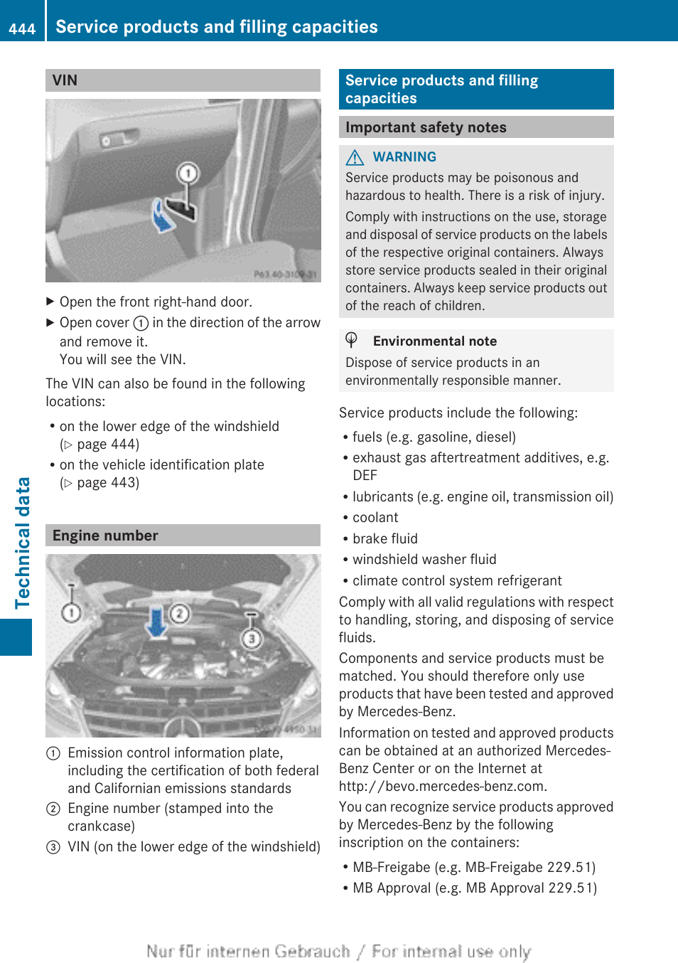 Engine number, Service products and filling capacities, Important safety notes | Service products and filling capaci, Ties, Number, Technical data | Mercedes-Benz 2013 M Class User Manual | Page 446 / 460