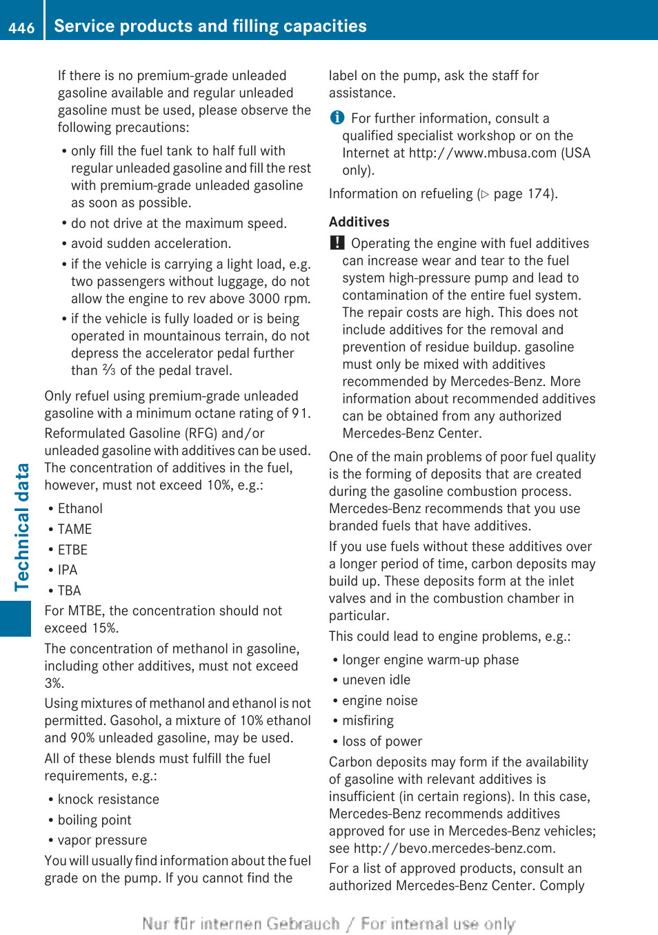 Technical data, Service products and filling capacities | Mercedes-Benz 2013 M Class User Manual | Page 448 / 460