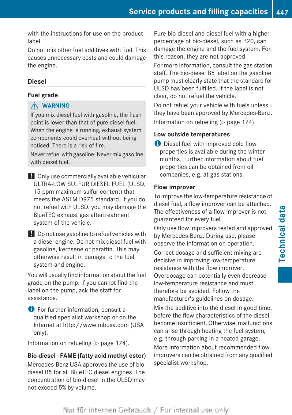 Technical data, Service products and filling capacities | Mercedes-Benz 2013 M Class User Manual | Page 449 / 460