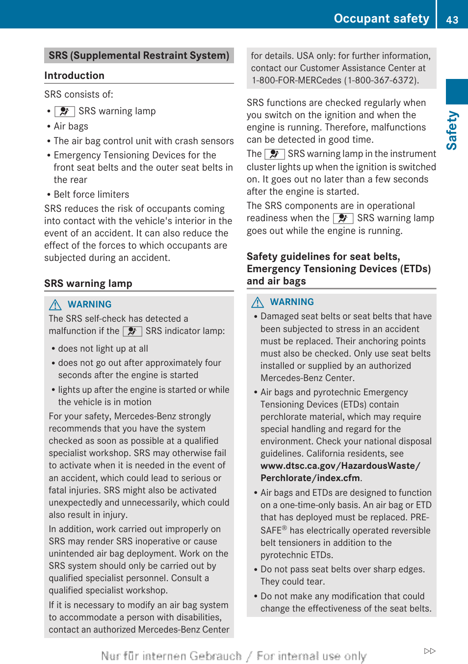 Srs (supplemental restraint system), Safety, Occupant safety | Mercedes-Benz 2013 M Class User Manual | Page 45 / 460