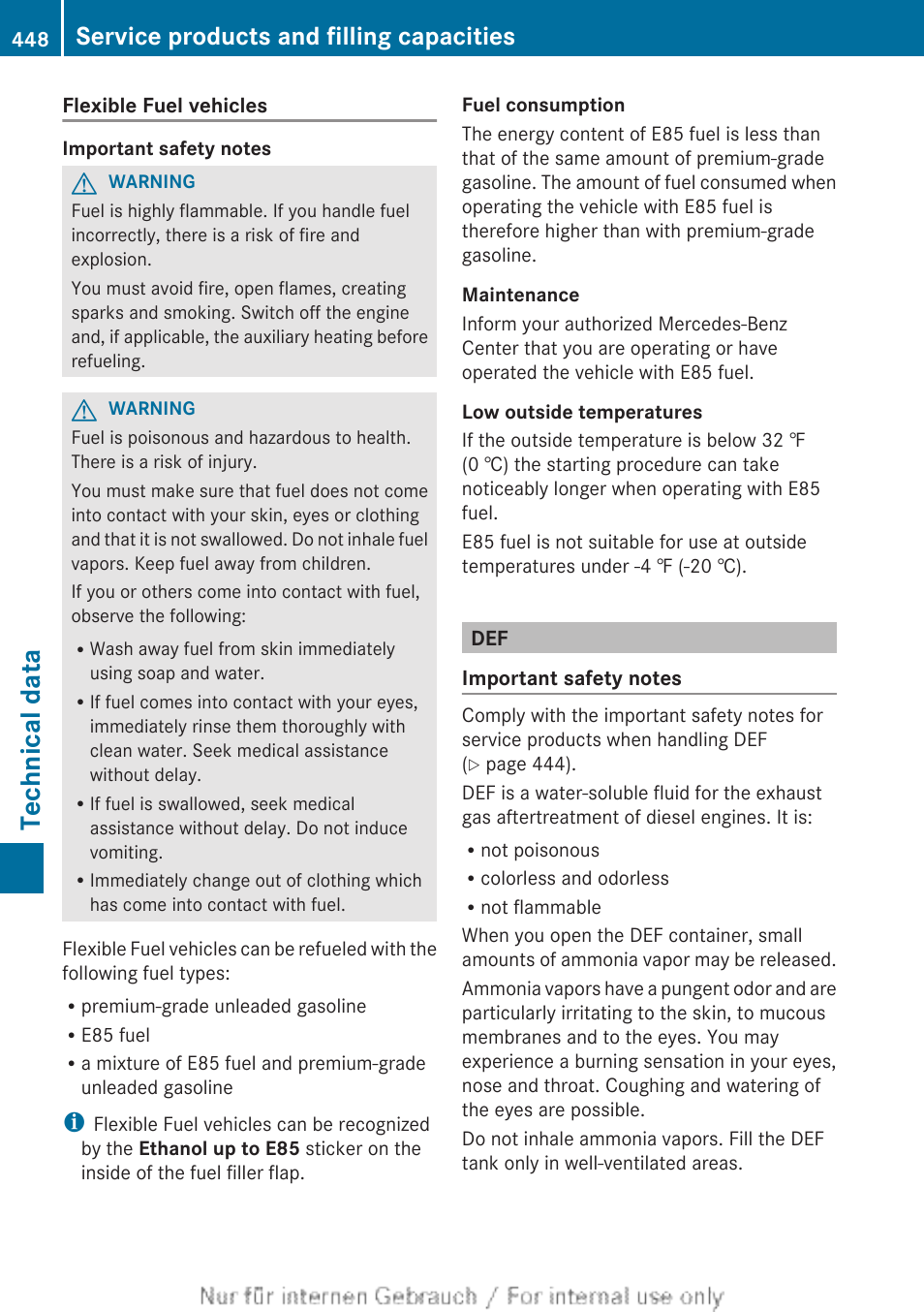 Technical data, Service products and filling capacities | Mercedes-Benz 2013 M Class User Manual | Page 450 / 460