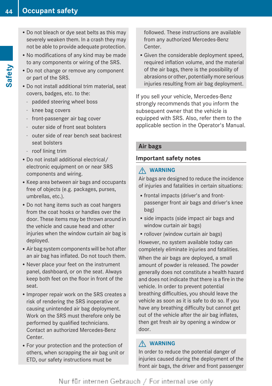 Air bags, Safety, Occupant safety | Mercedes-Benz 2013 M Class User Manual | Page 46 / 460