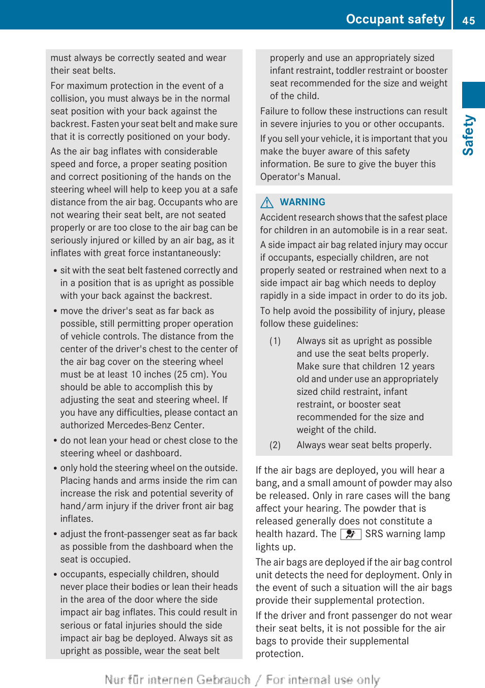 Safety, Occupant safety | Mercedes-Benz 2013 M Class User Manual | Page 47 / 460