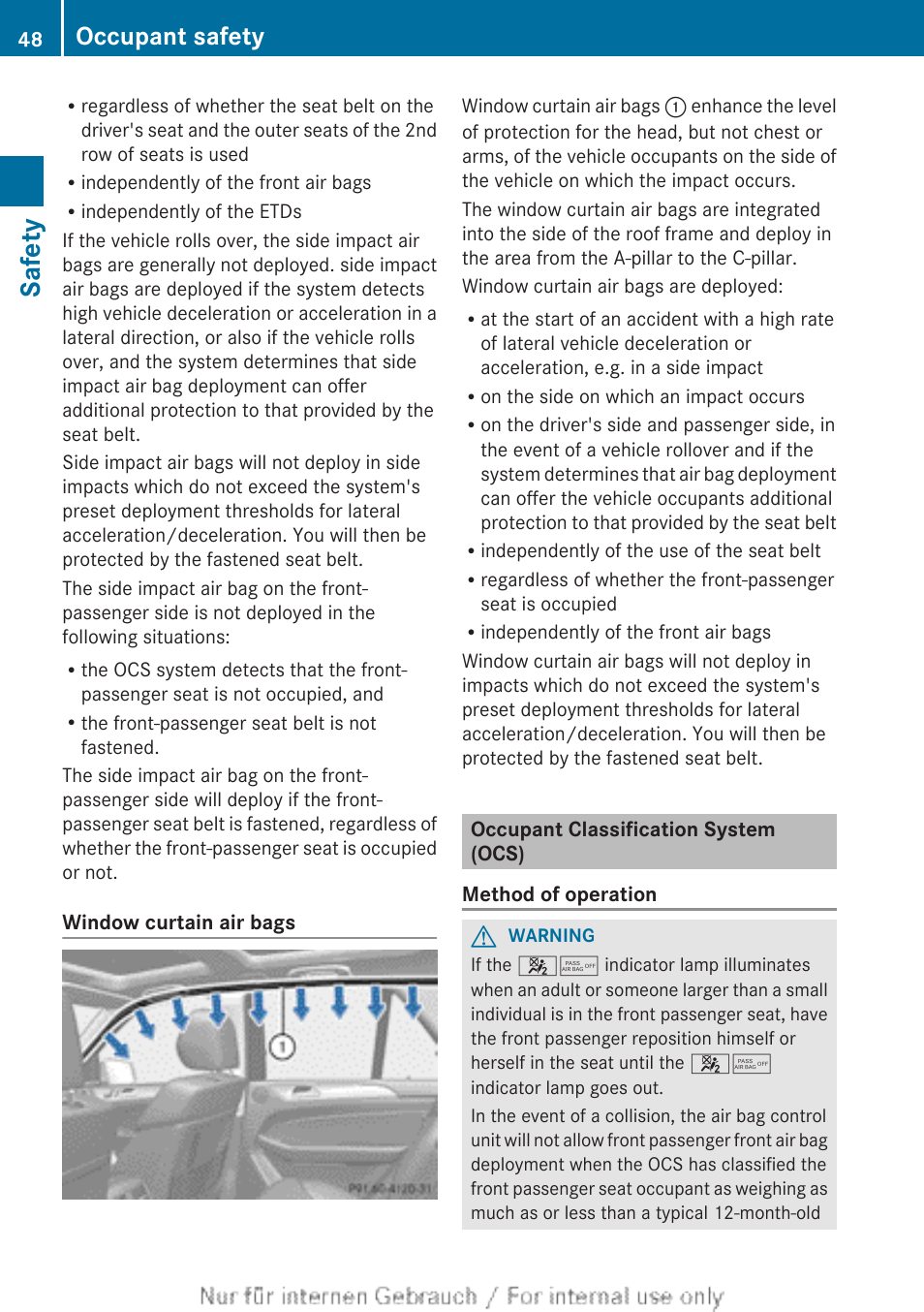 Occupant classification system (ocs), Safety, Occupant safety | Mercedes-Benz 2013 M Class User Manual | Page 50 / 460