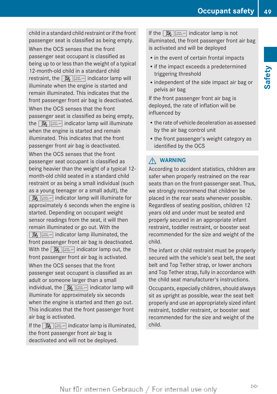 Safety, Occupant safety | Mercedes-Benz 2013 M Class User Manual | Page 51 / 460