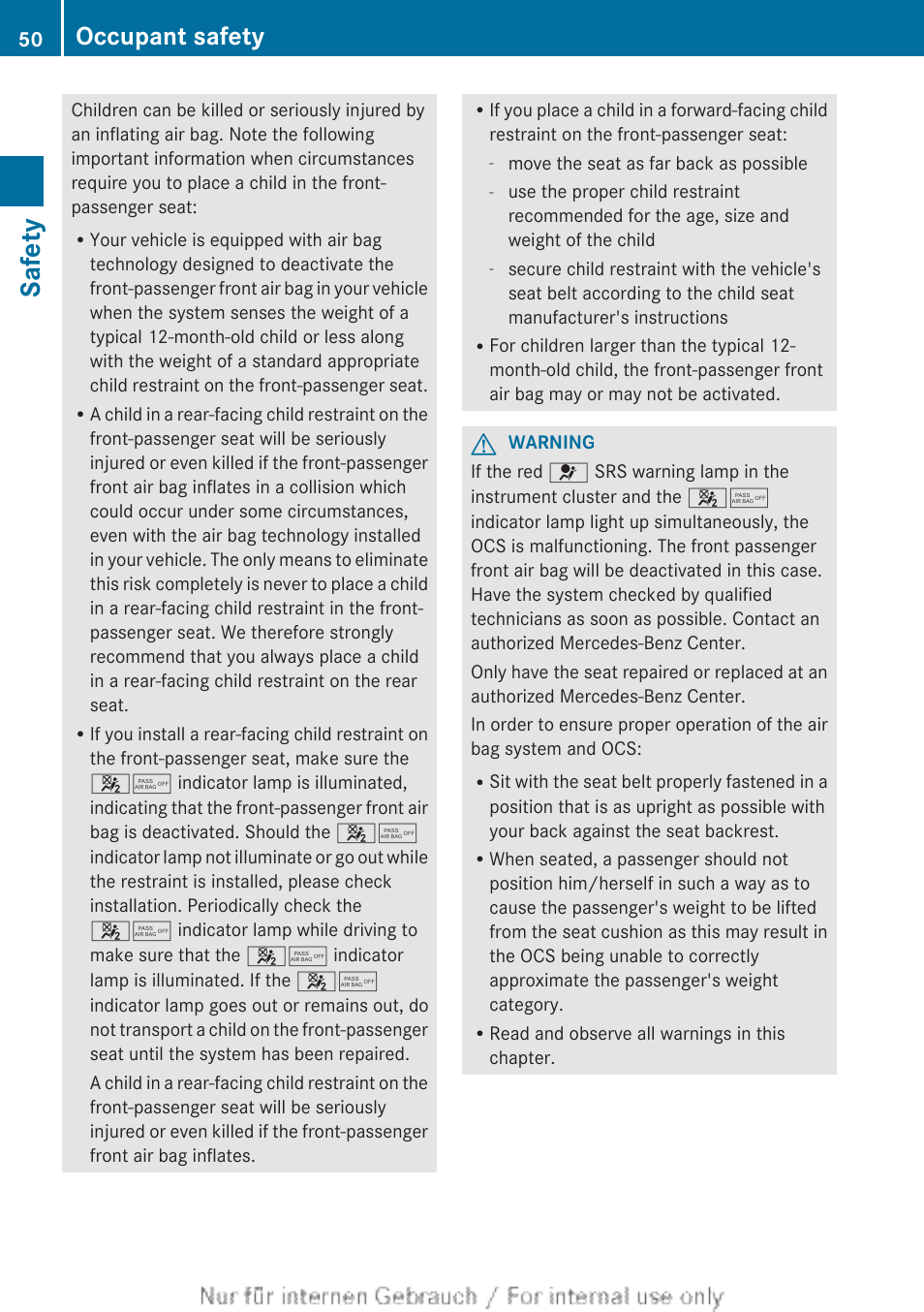 Safety, Occupant safety | Mercedes-Benz 2013 M Class User Manual | Page 52 / 460