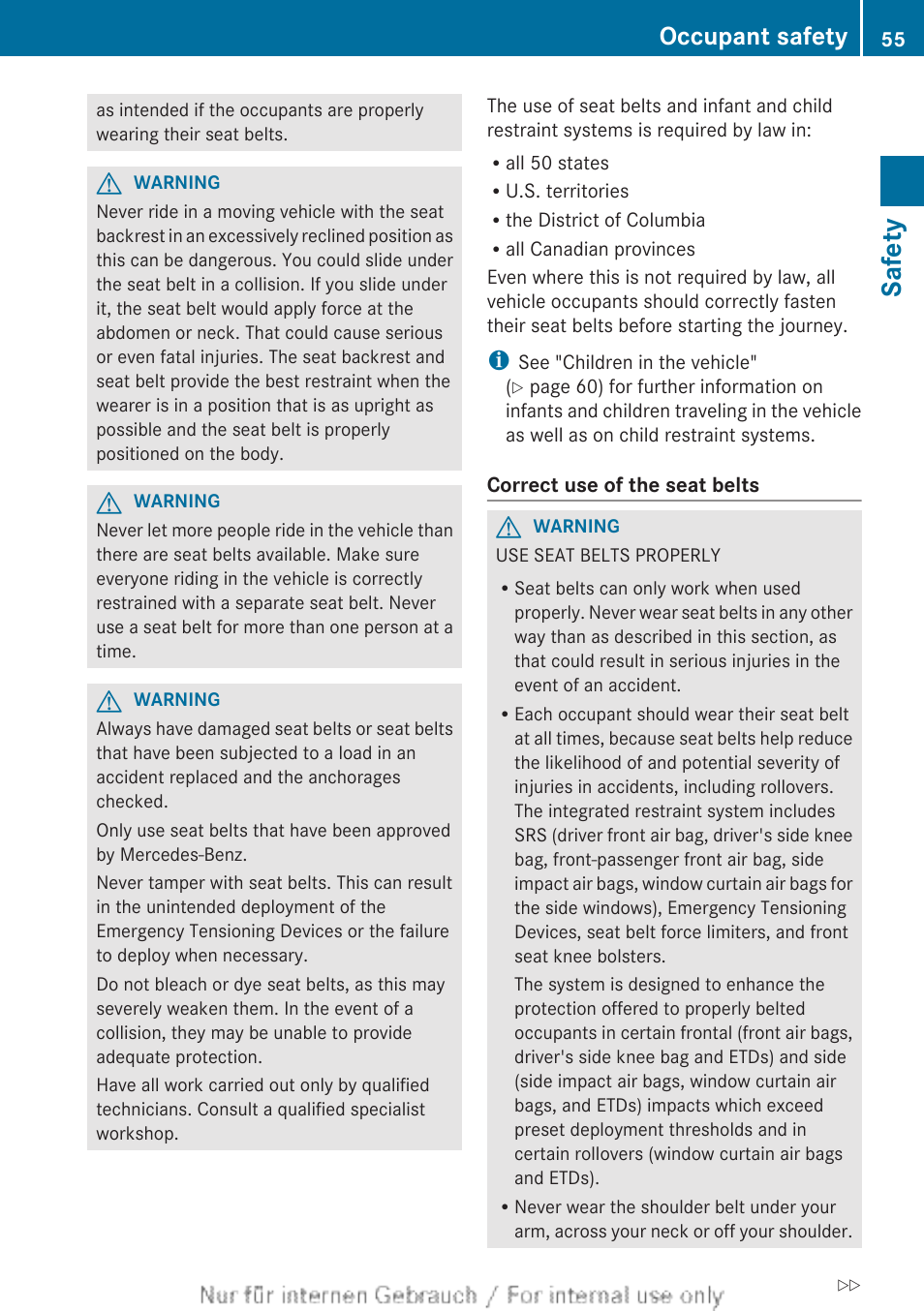 Safety, Occupant safety | Mercedes-Benz 2013 M Class User Manual | Page 57 / 460