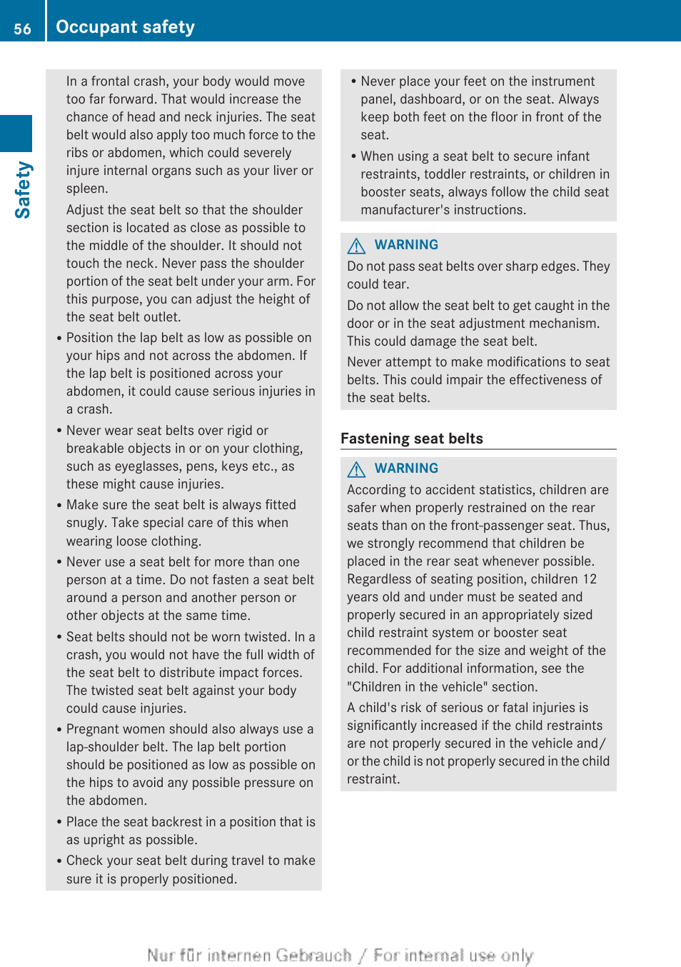 Safety, Occupant safety | Mercedes-Benz 2013 M Class User Manual | Page 58 / 460