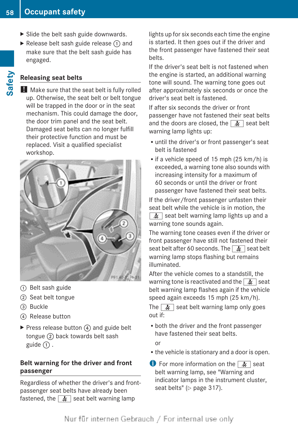 Seat belts, Safety, Occupant safety | Mercedes-Benz 2013 M Class User Manual | Page 60 / 460