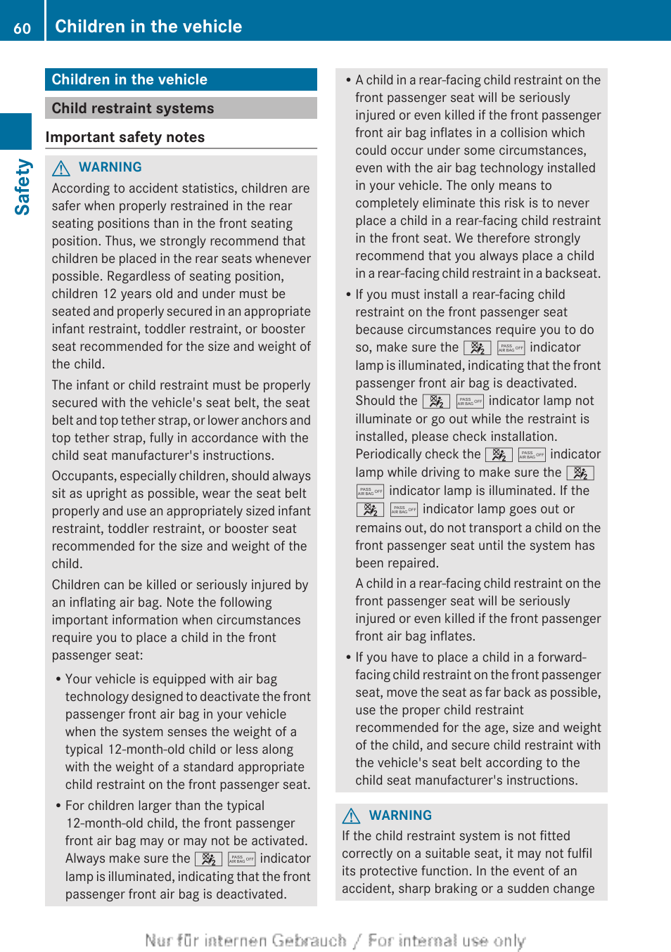 Children in the vehicle, Child restraint systems, Safety | Mercedes-Benz 2013 M Class User Manual | Page 62 / 460