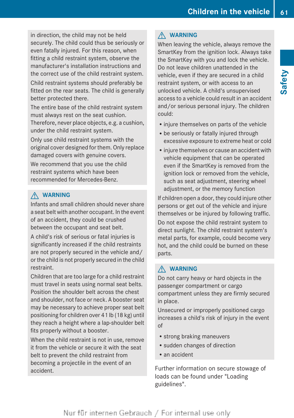 Safety, Children in the vehicle | Mercedes-Benz 2013 M Class User Manual | Page 63 / 460