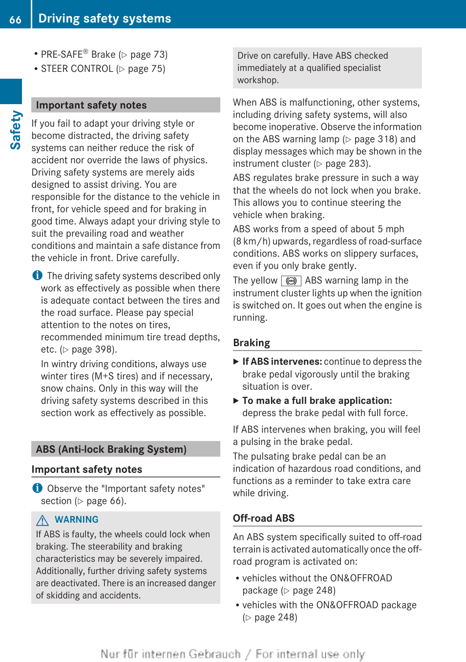 Important safety notes, Abs (anti-lock braking system), Safety | Driving safety systems | Mercedes-Benz 2013 M Class User Manual | Page 68 / 460