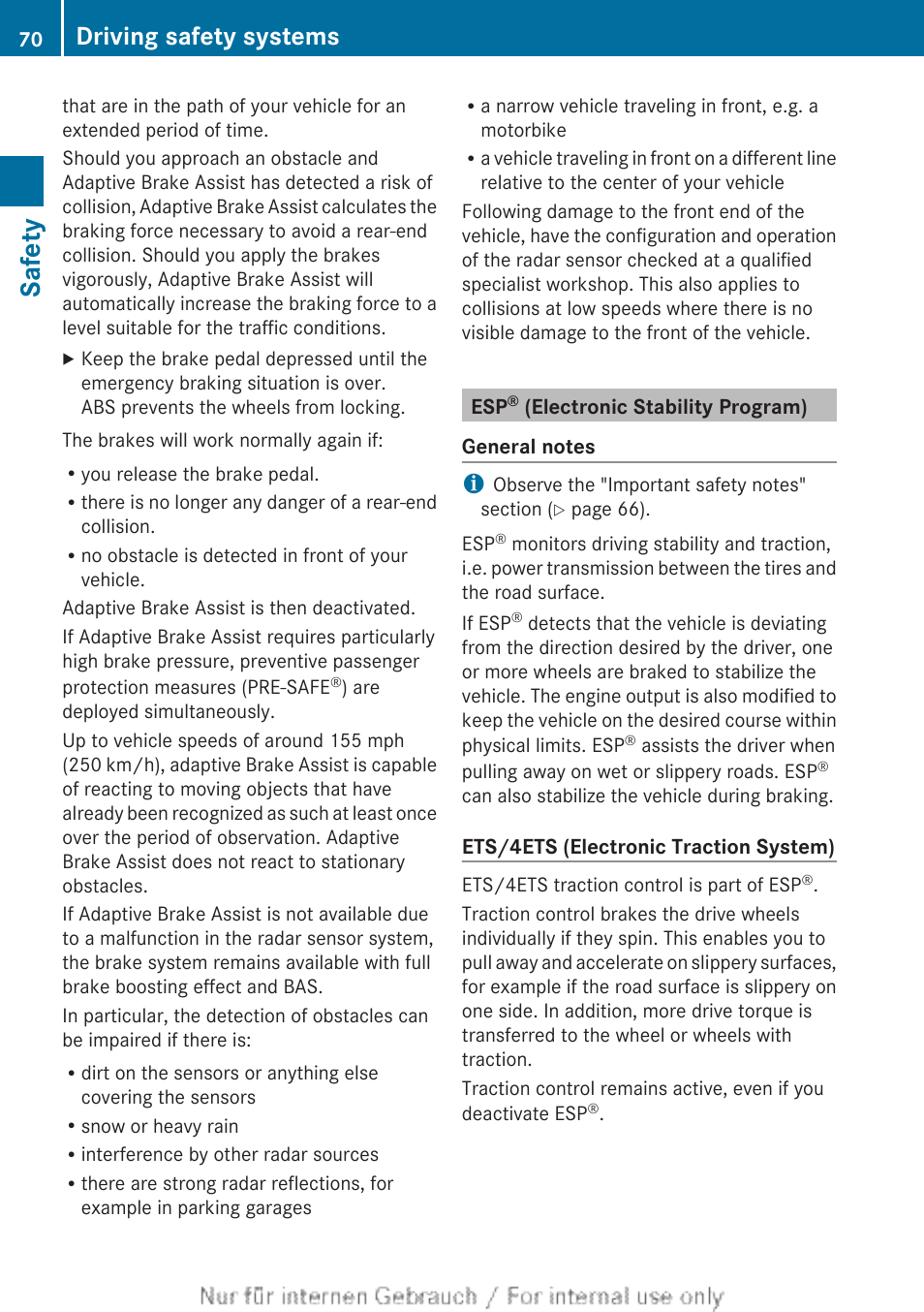 Esp® (electronic stability program), Safety, Driving safety systems | Mercedes-Benz 2013 M Class User Manual | Page 72 / 460