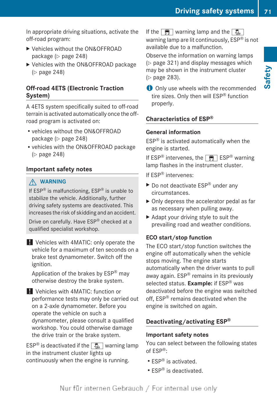 Safety, Driving safety systems | Mercedes-Benz 2013 M Class User Manual | Page 73 / 460