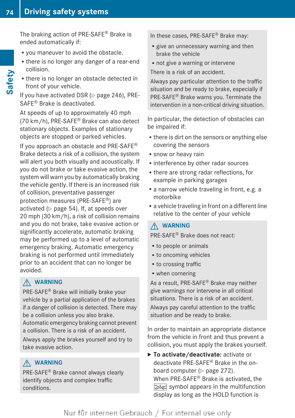 Safety, Driving safety systems | Mercedes-Benz 2013 M Class User Manual | Page 76 / 460