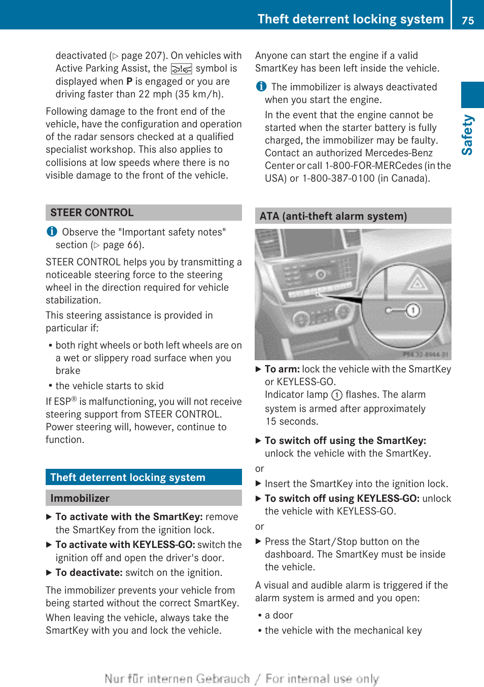 Steer control, Theft deterrent locking system, Immobilizer | Ata (anti-theft alarm system), Safety | Mercedes-Benz 2013 M Class User Manual | Page 77 / 460