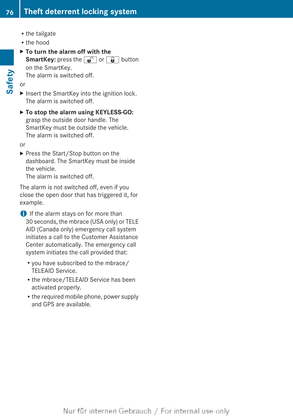 Safety, Theft deterrent locking system | Mercedes-Benz 2013 M Class User Manual | Page 78 / 460