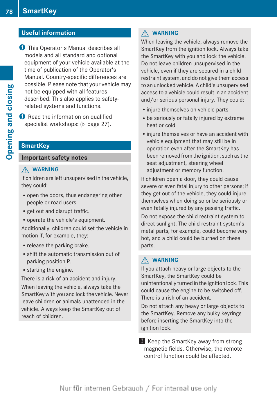 Opening and closing, Useful information, Smartkey | Important safety notes, Useful information smartkey | Mercedes-Benz 2013 M Class User Manual | Page 80 / 460