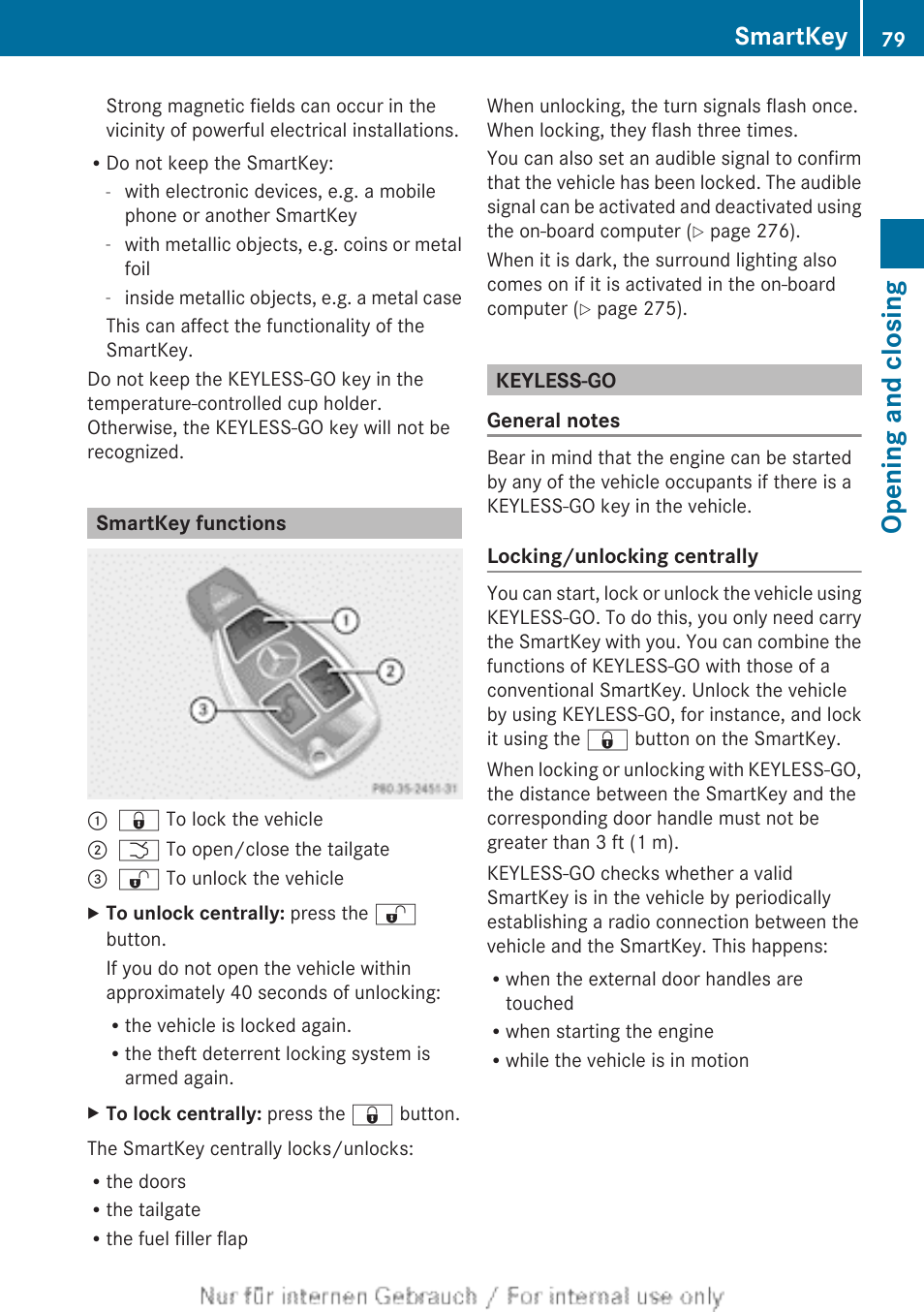 Smartkey functions, Keyless-go, Opening and closing | Smartkey | Mercedes-Benz 2013 M Class User Manual | Page 81 / 460