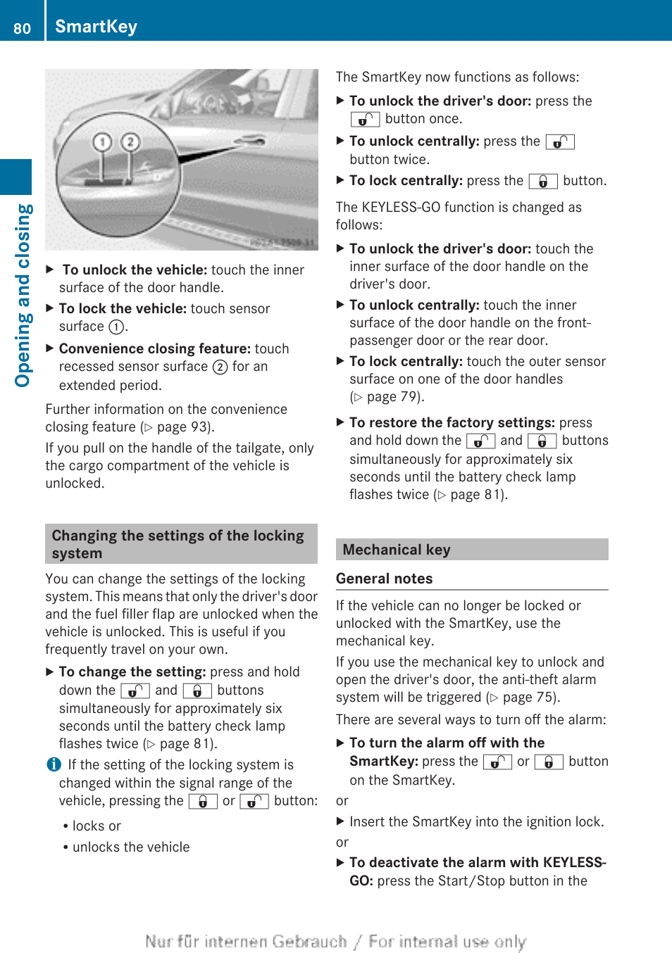 Changing the settings of the locking system, Mechanical key, Opening and closing | Smartkey | Mercedes-Benz 2013 M Class User Manual | Page 82 / 460