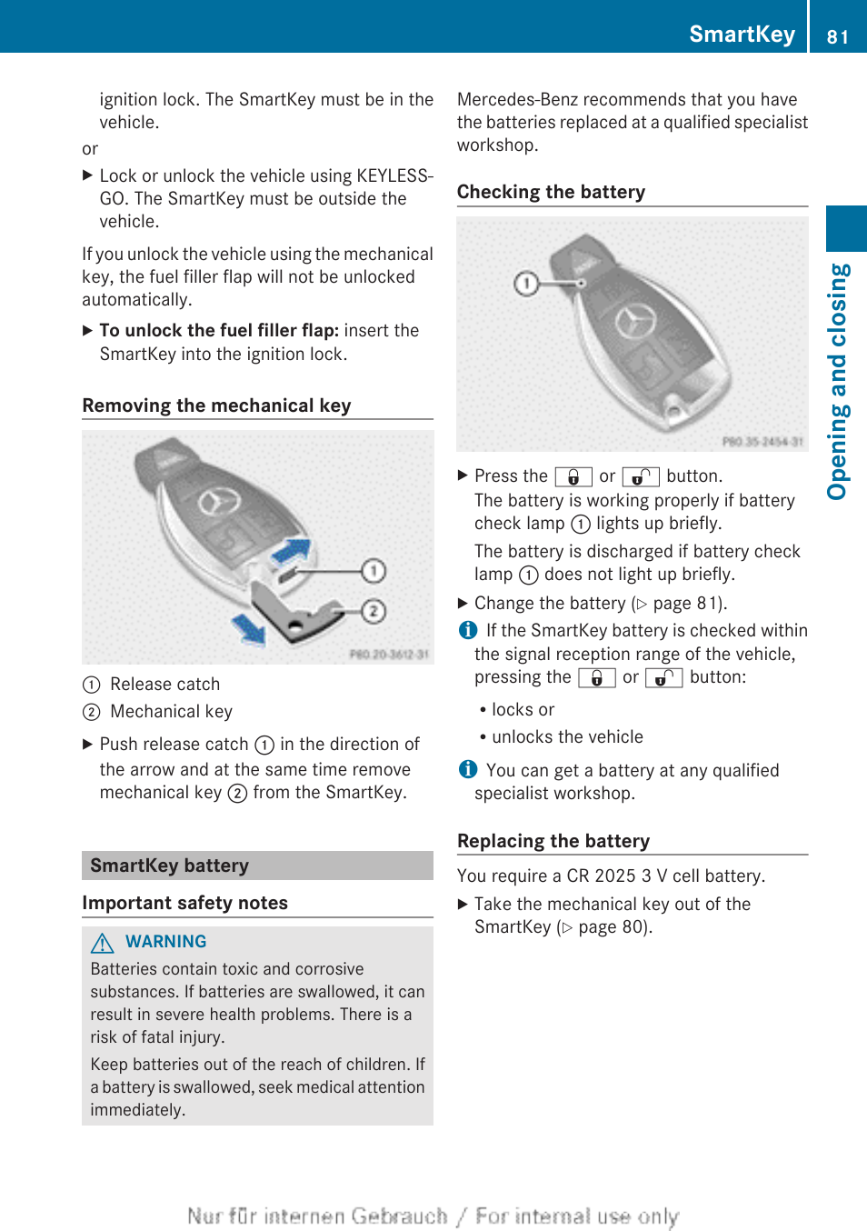 Smartkey battery, Flashes twice, Opening and closing | Smartkey | Mercedes-Benz 2013 M Class User Manual | Page 83 / 460