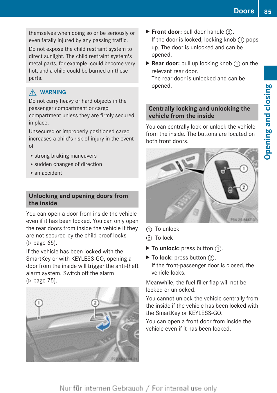 Unlocking and opening doors from the inside, Opening and closing, Doors | Mercedes-Benz 2013 M Class User Manual | Page 87 / 460