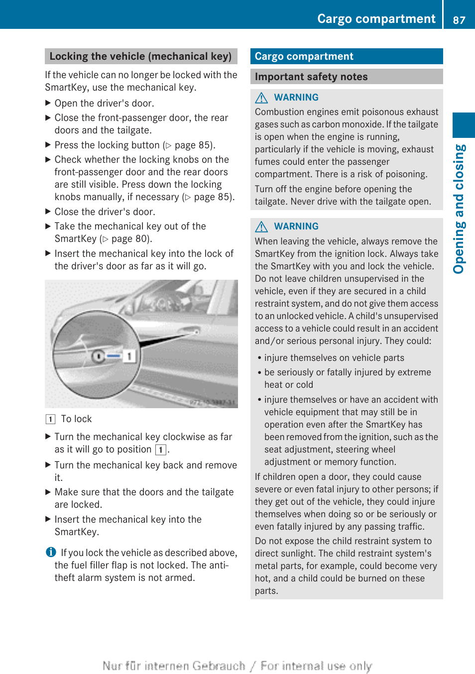 Locking the vehicle (mechanical key), Cargo compartment, Important safety notes | Opening and closing | Mercedes-Benz 2013 M Class User Manual | Page 89 / 460