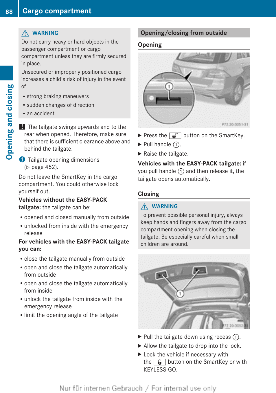 Opening/closing from outside, Opening and closing, Cargo compartment | Mercedes-Benz 2013 M Class User Manual | Page 90 / 460